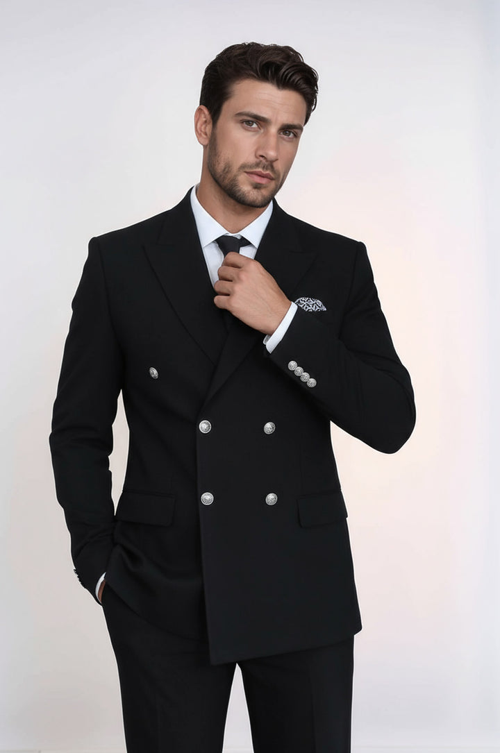 Slim Fit Double-Breasted Black Men’s Suit with Silver-Tone Metal Buttons – Wessi