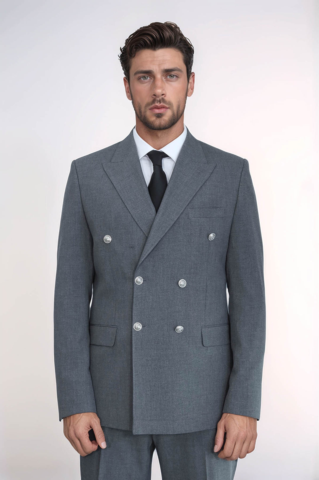 Slim Fit Double-Breasted Grey Men’s Suit with Silver-Tone Metal Buttons – Wessi