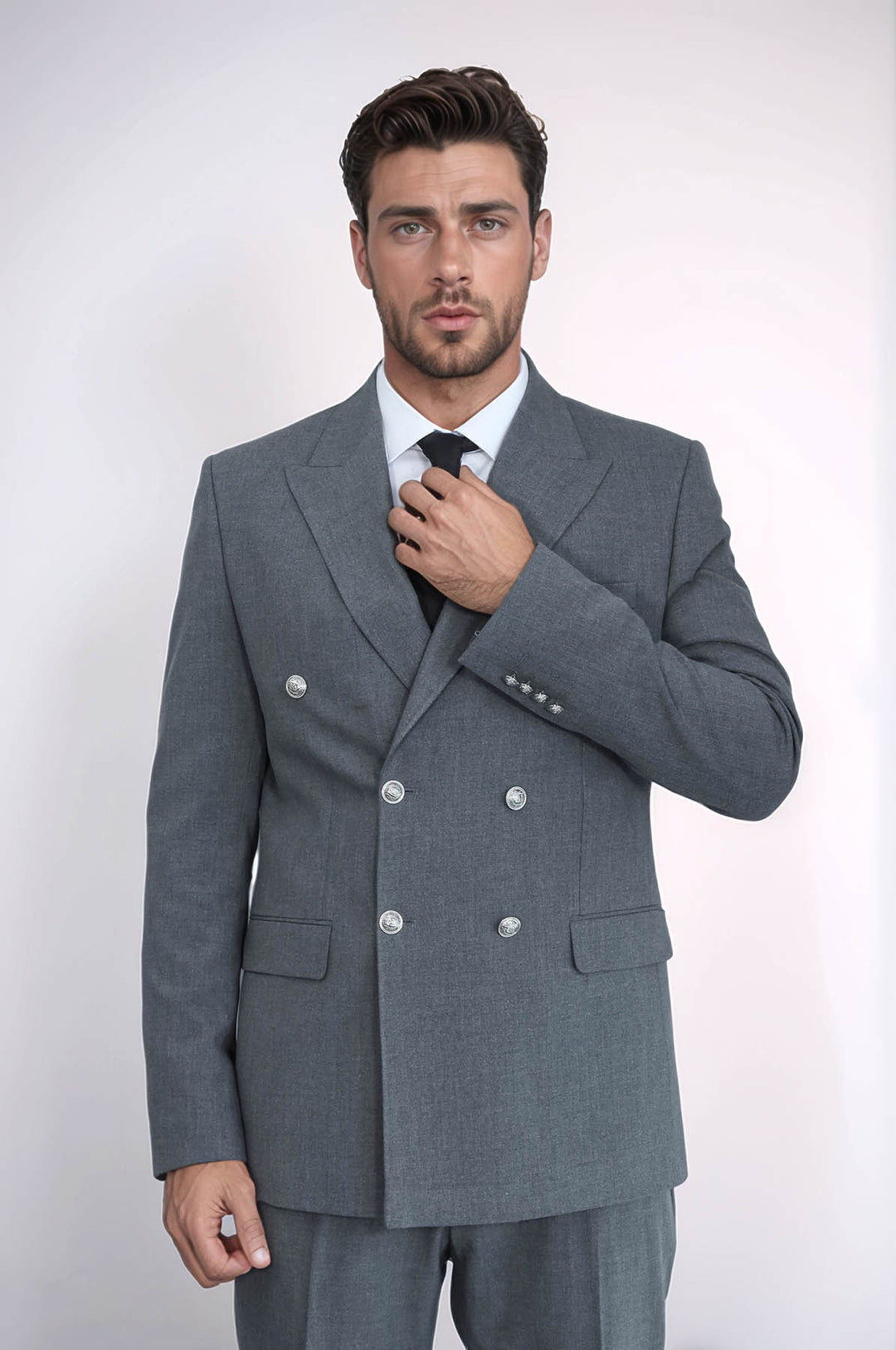 Slim Fit Double-Breasted Grey Men’s Suit with Silver-Tone Metal Buttons – Wessi