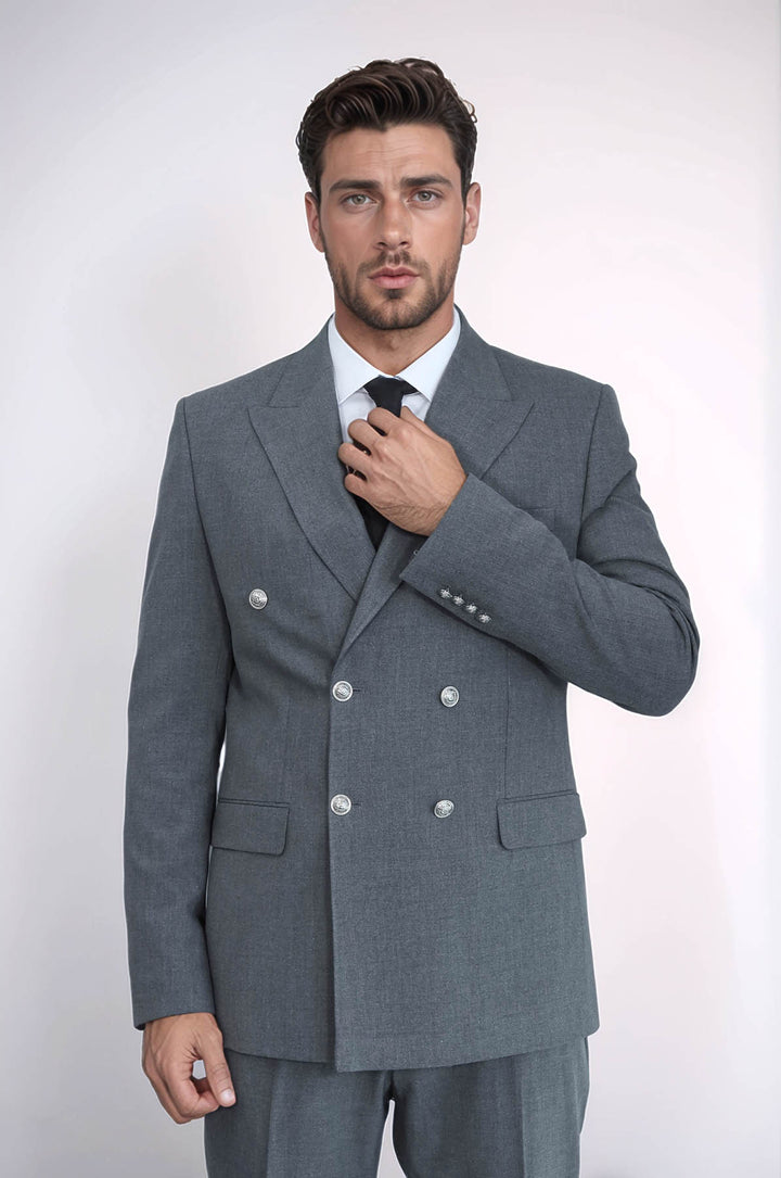Slim Fit Double-Breasted Grey Men’s Suit with Silver-Tone Metal Buttons – Wessi