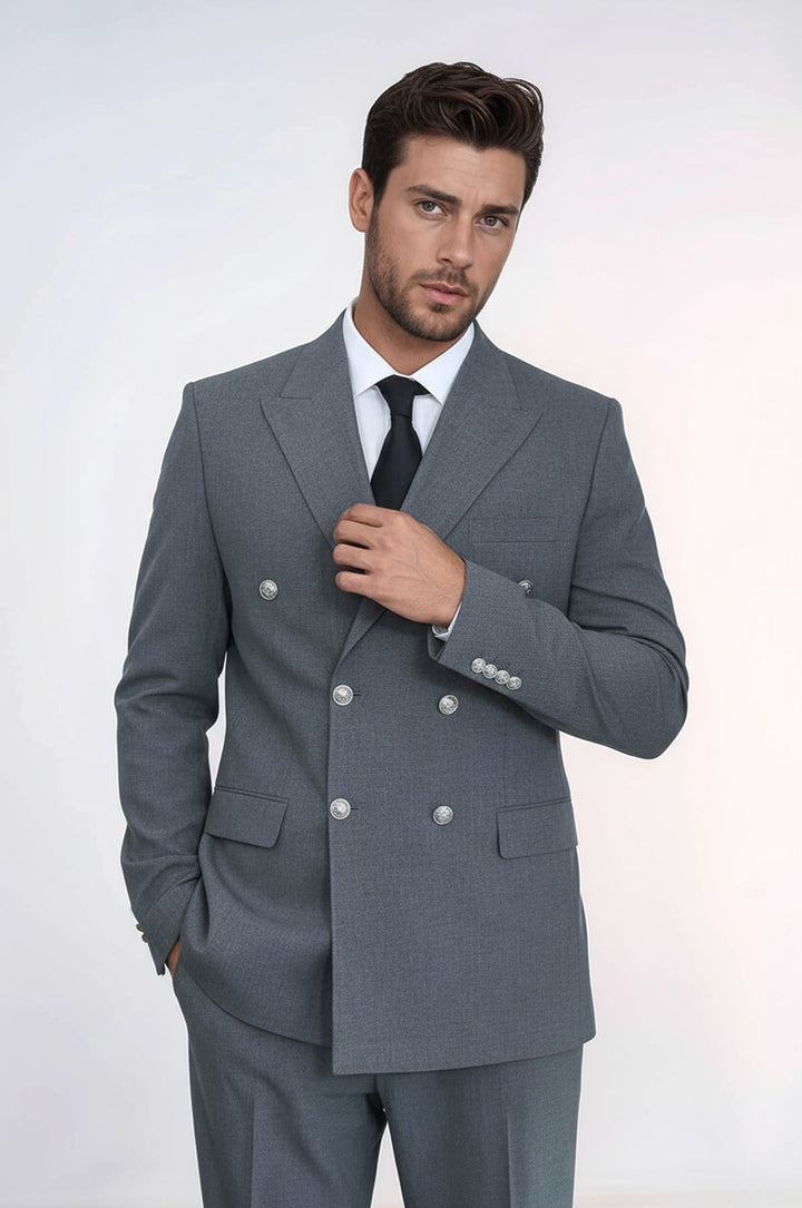 Slim Fit Double-Breasted Grey Men’s Suit with Silver-Tone Metal Buttons – Wessi