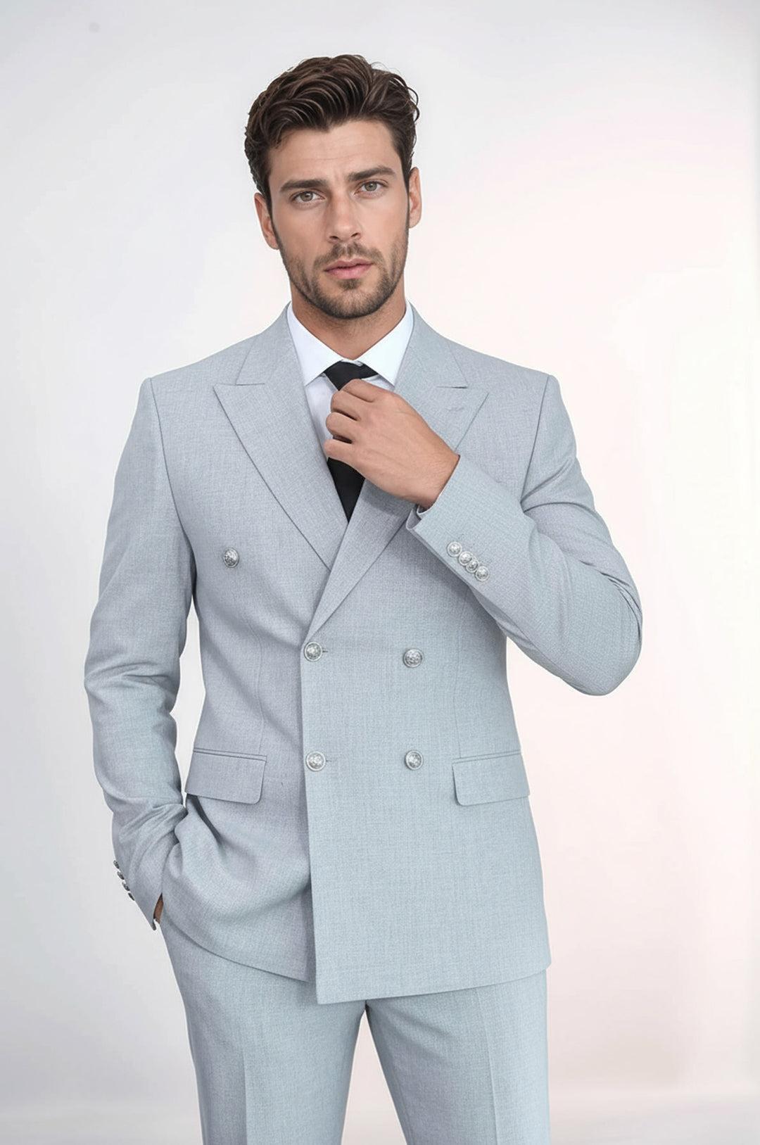 Slim Fit Double-Breasted Anthracite Men’s Suit with Silver-Tone Metal Buttons – Wessi