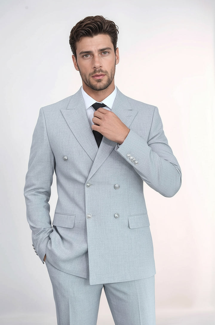 Slim Fit Double-Breasted Anthracite Men’s Suit with Silver-Tone Metal Buttons – Wessi