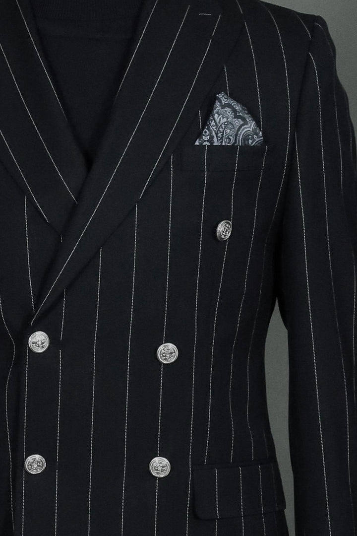 Pinstripe Double Breasted Men’s Black Suit with Silver Button Details - Wessi