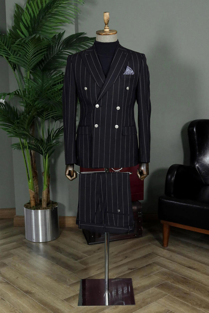 Pinstripe Double Breasted Men’s Black Suit with Silver Button Details - Wessi