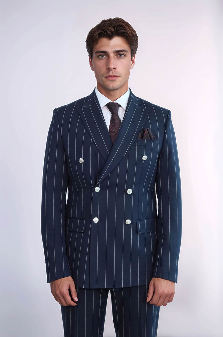 Pinstripe Double Breasted Men’s Navy Blu Suit with Silver Button Details - Wessi