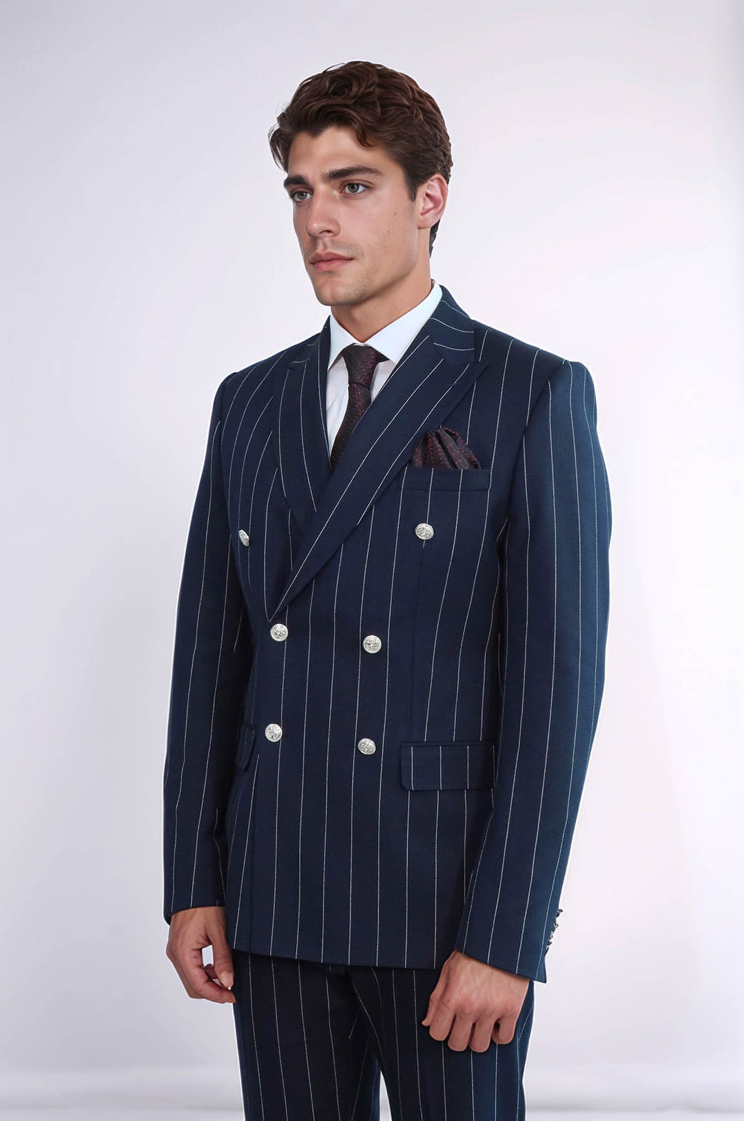 Pinstripe Double Breasted Men’s Navy Blu Suit with Silver Button Details - Wessi