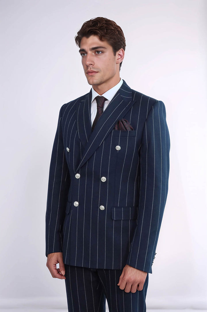 Pinstripe Double Breasted Men’s Navy Blu Suit with Silver Button Details - Wessi