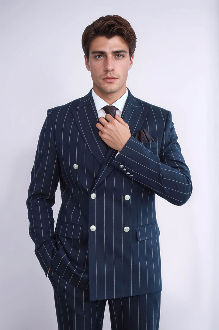 Pinstripe Double Breasted Men’s Navy Blu Suit with Silver Button Details - Wessi