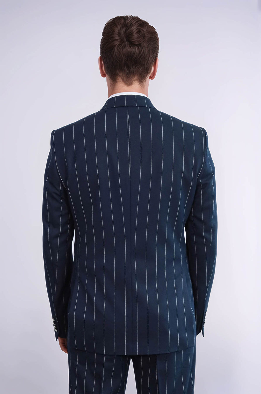 Pinstripe Double Breasted Men’s Navy Blu Suit with Silver Button Details - Wessi