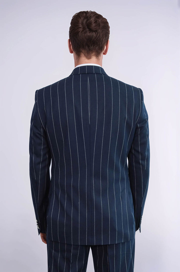 Pinstripe Double Breasted Men’s Navy Blu Suit with Silver Button Details - Wessi
