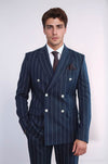Pinstripe Double Breasted Men’s Navy Blu Suit with Silver Button Details - Wessi