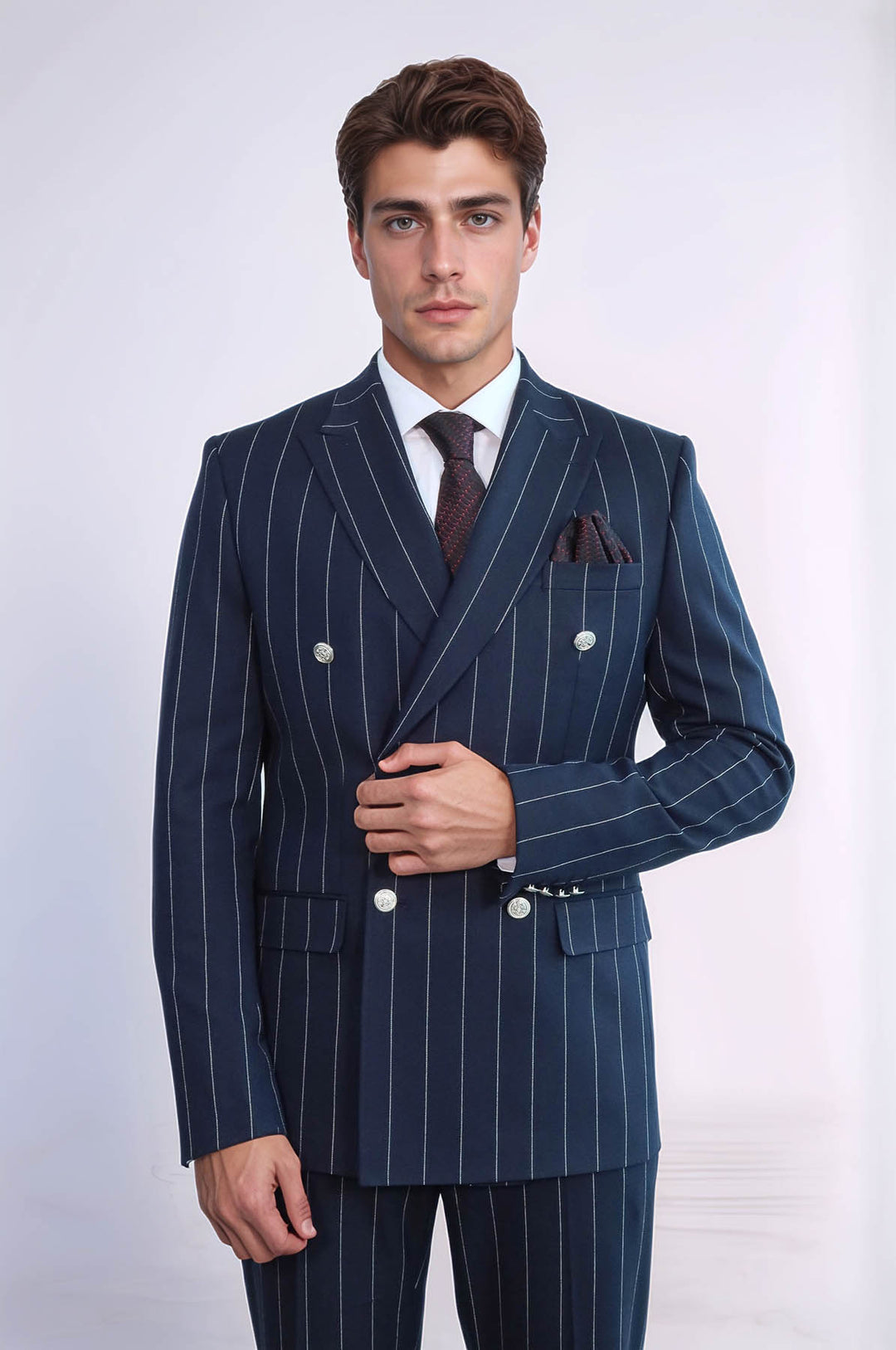 Pinstripe Double Breasted Men’s Navy Blu Suit with Silver Button Details - Wessi