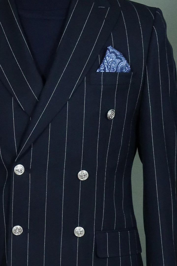 Pinstripe Double Breasted Men’s Navy Blu Suit with Silver Button Details - Wessi