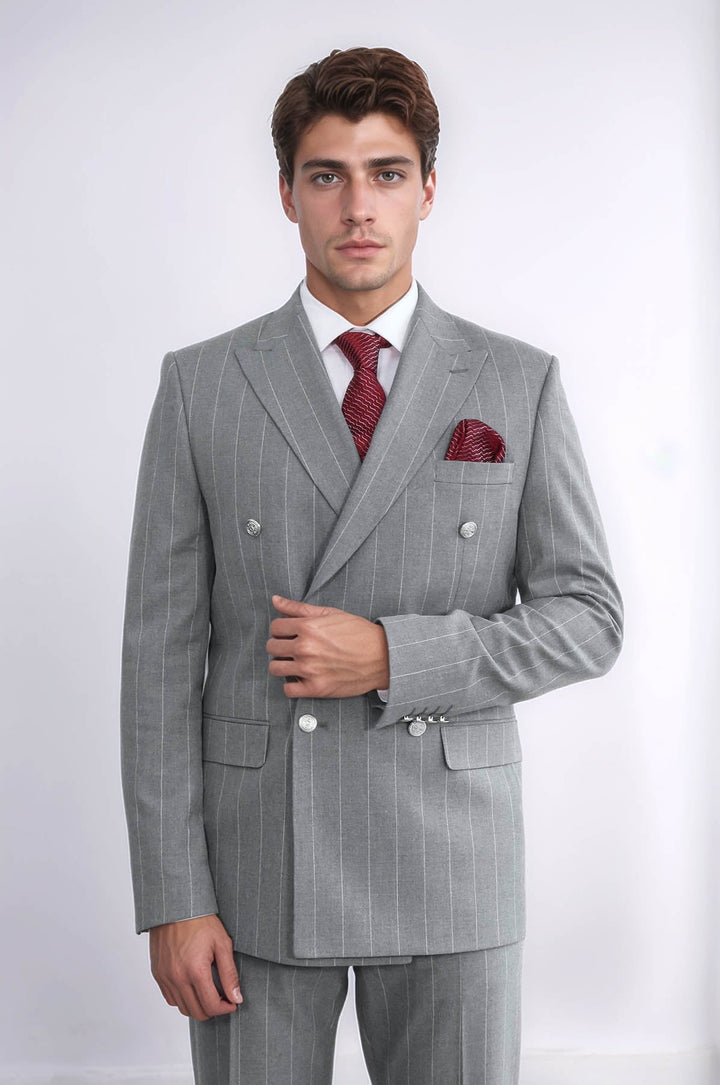 Pinstripe Double Breasted Men’s Grey Suit with Silver Button Details - Wessi