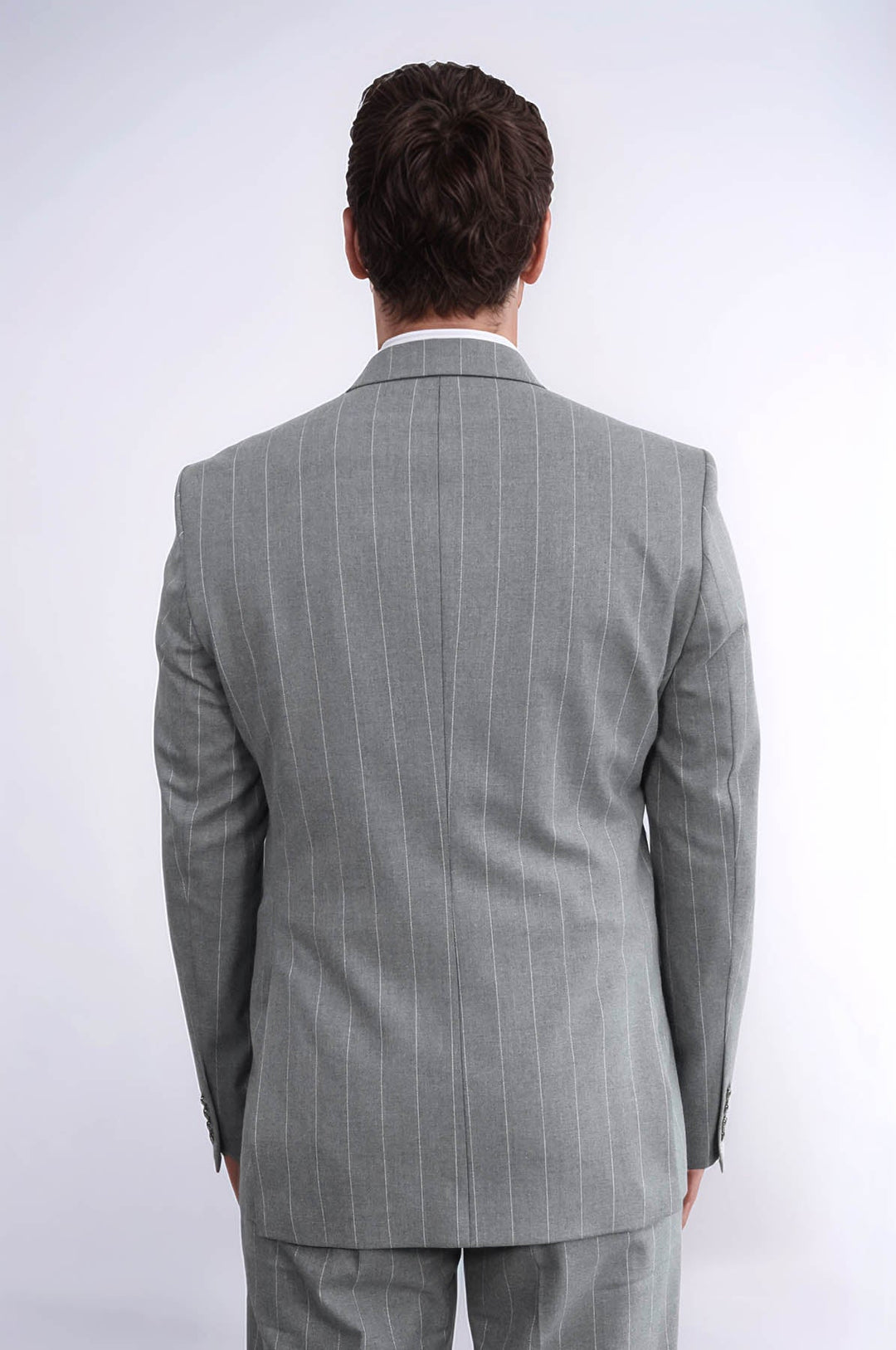 Pinstripe Double Breasted Men’s Grey Suit with Silver Button Details - Wessi