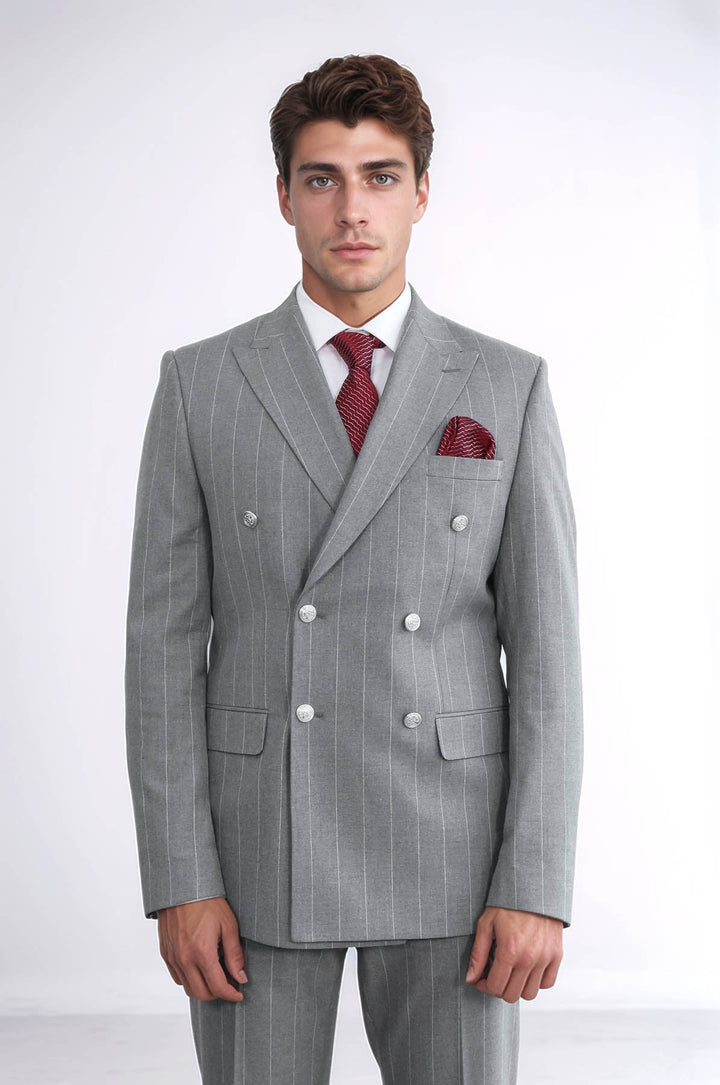 Pinstripe Double Breasted Men’s Grey Suit with Silver Button Details - Wessi