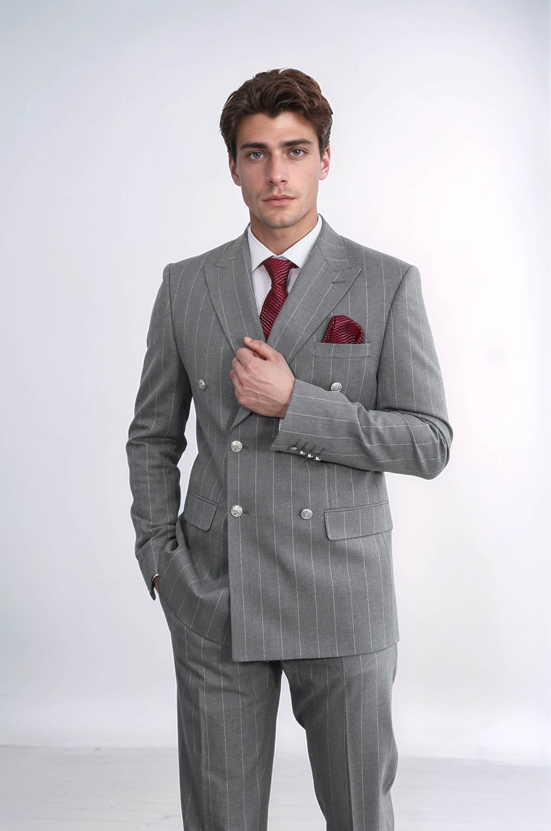 Pinstripe Double Breasted Men’s Grey Suit with Silver Button Details - Wessi