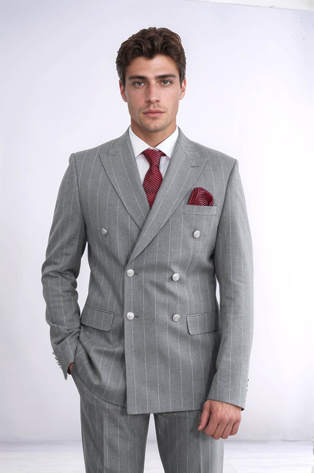 Pinstripe Double Breasted Men’s Grey Suit with Silver Button Details - Wessi