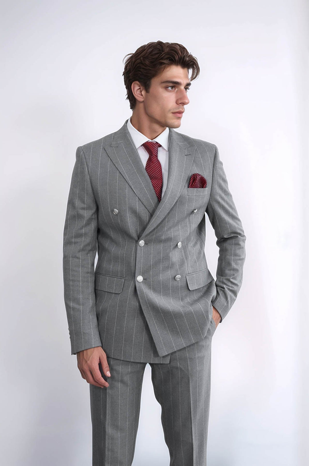 Pinstripe Double Breasted Men’s Grey Suit with Silver Button Details - Wessi