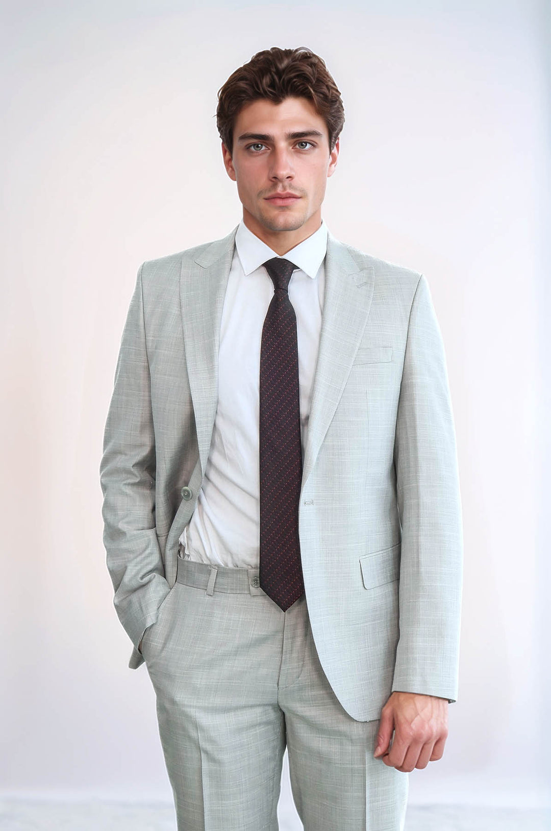 Two Piece Slim Fit Single Button Light Grey Men Suit - Wessi