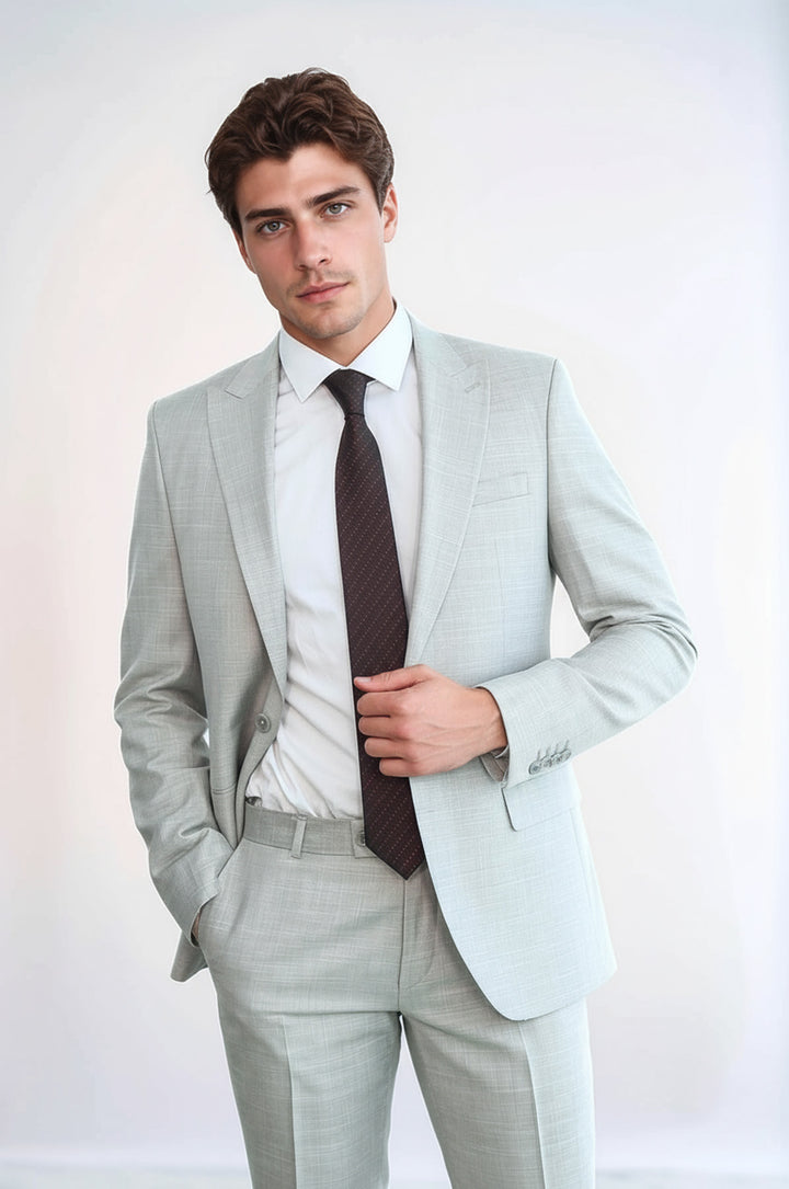 Two Piece Slim Fit Single Button Light Grey Men Suit - Wessi