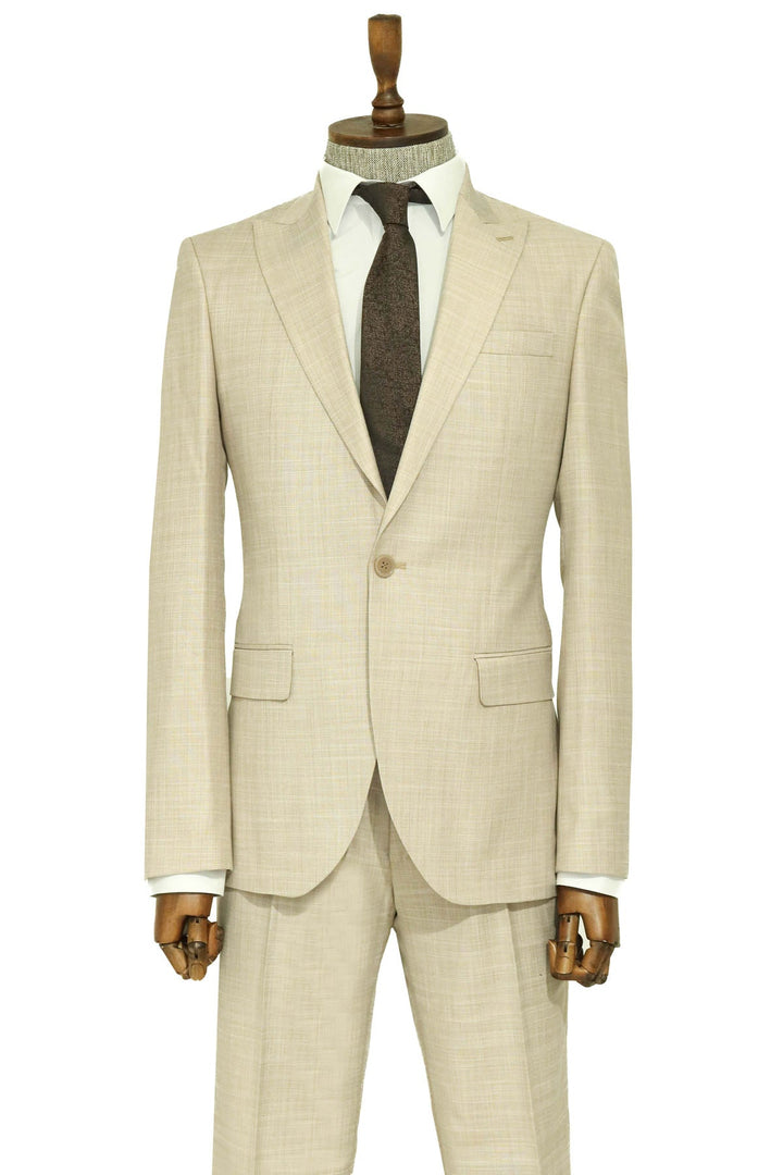 Two Piece Slim Fit Single Button Beige Men Suit - Wessi