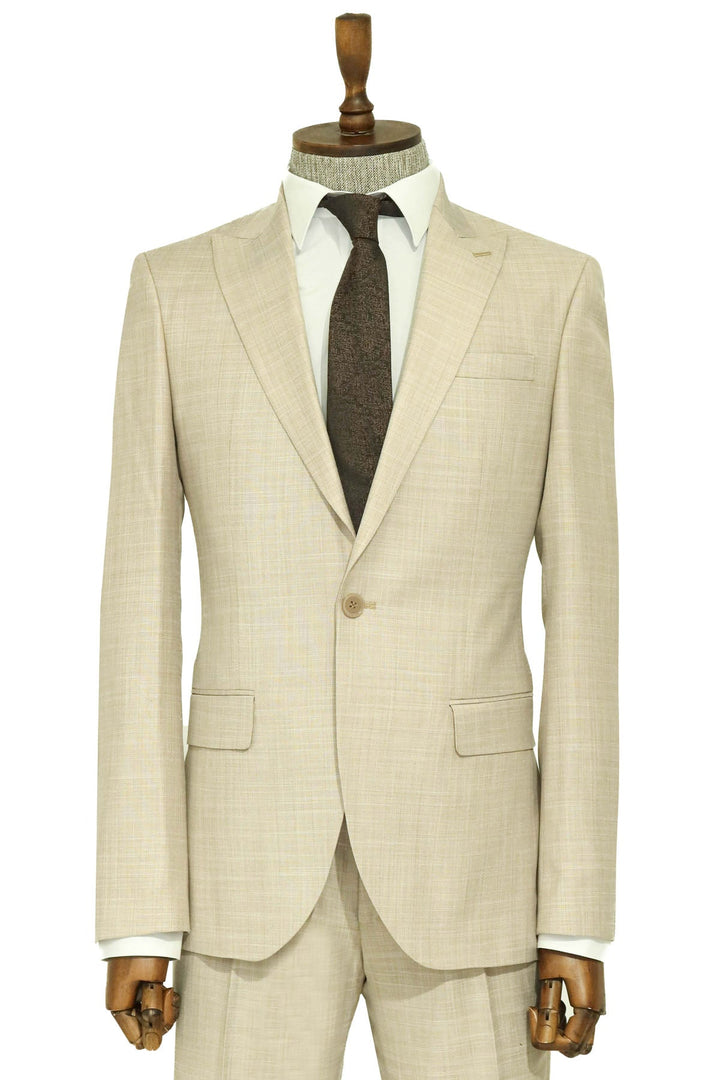 Two Piece Slim Fit Single Button Beige Men Suit - Wessi