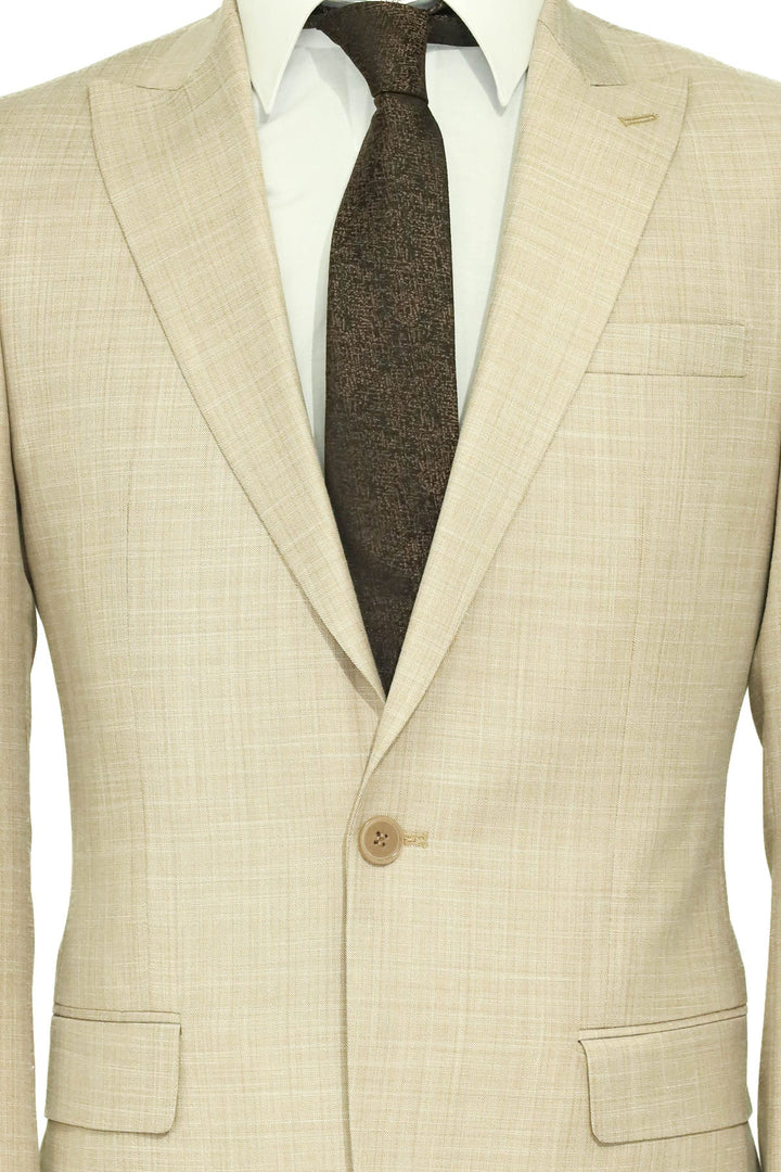 Two Piece Slim Fit Single Button Beige Men Suit - Wessi