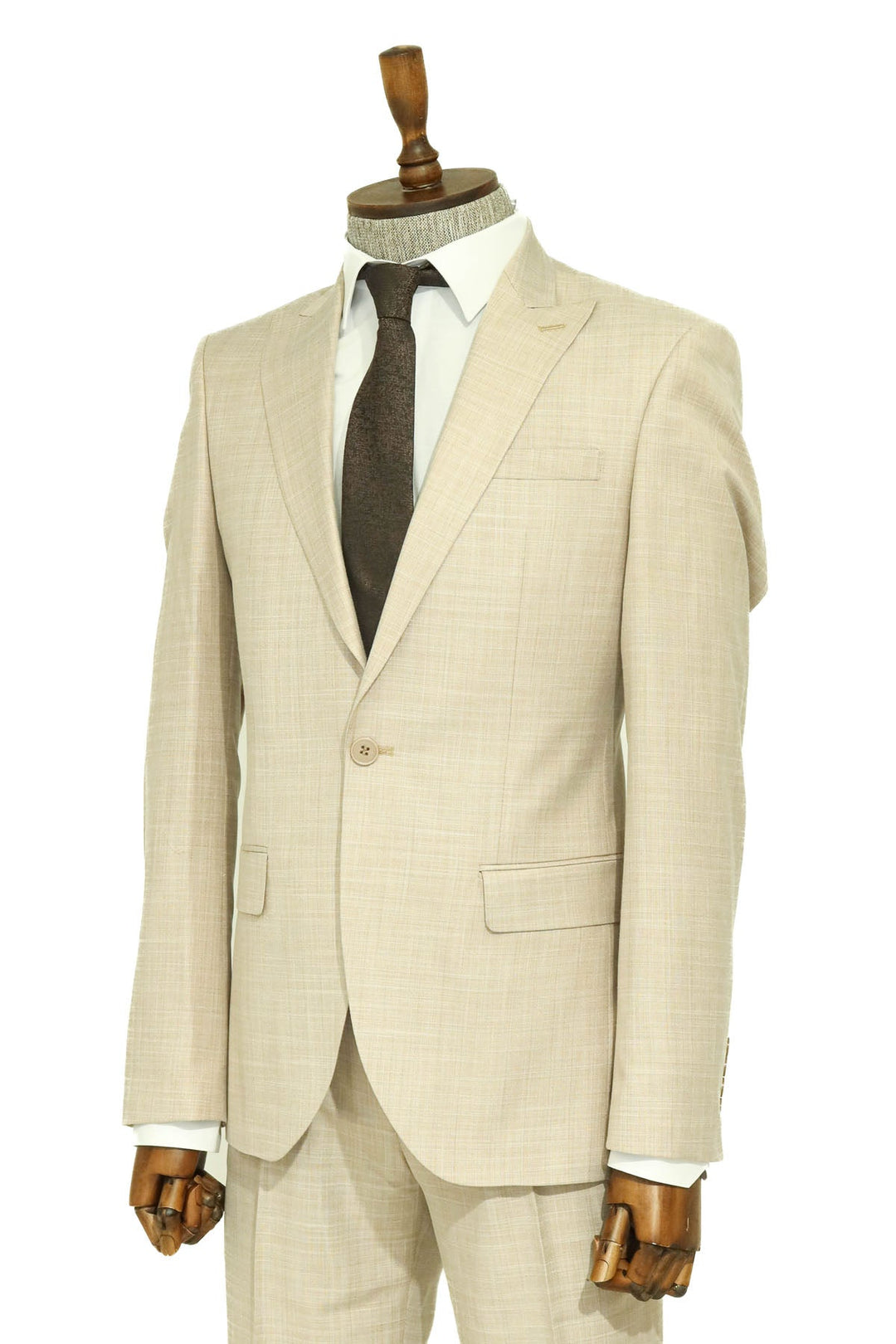 Two Piece Slim Fit Single Button Beige Men Suit - Wessi