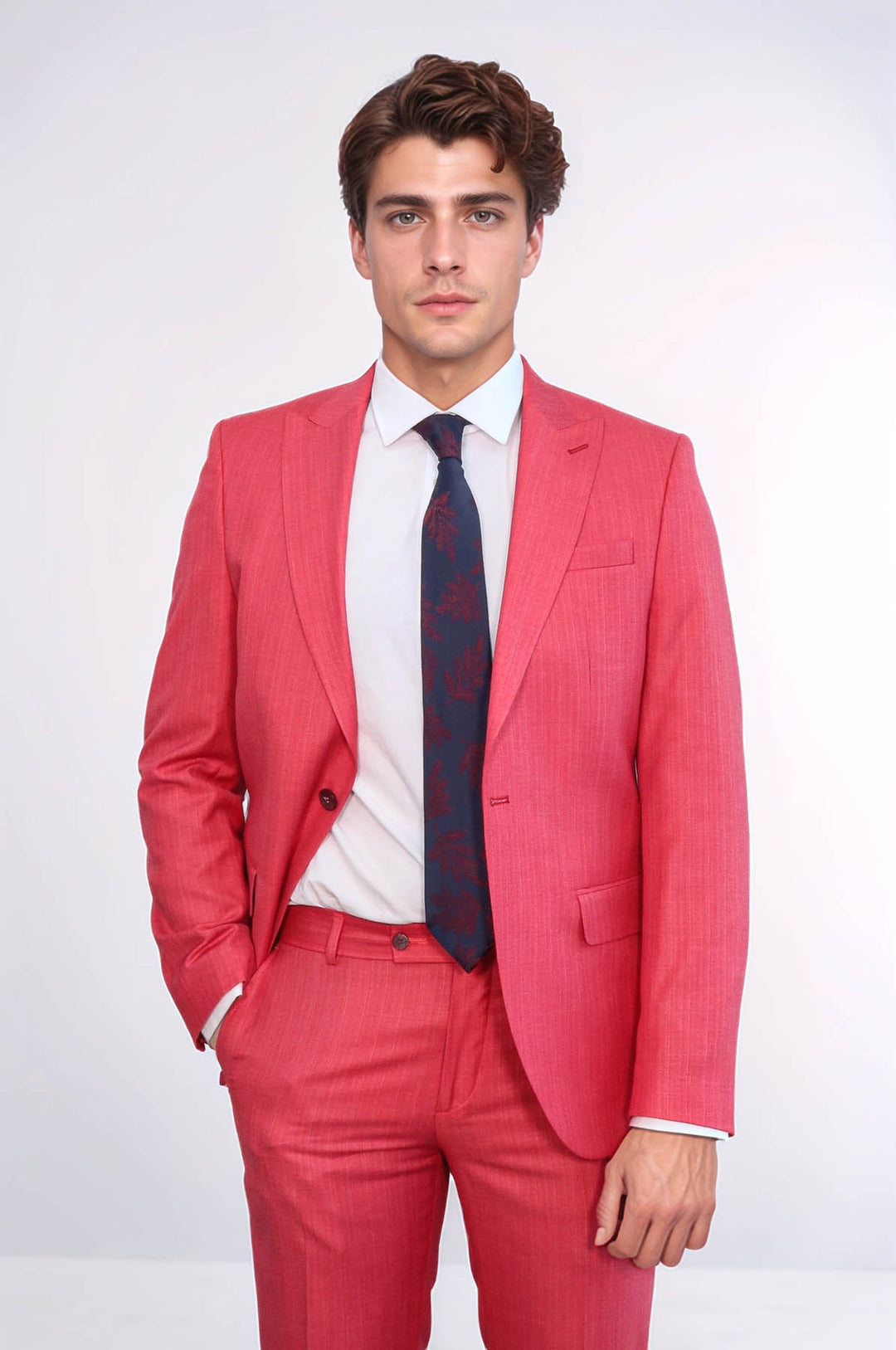 Traje de dos piezas entallado de un solo botón en color rojo coral para hombre - Wessi