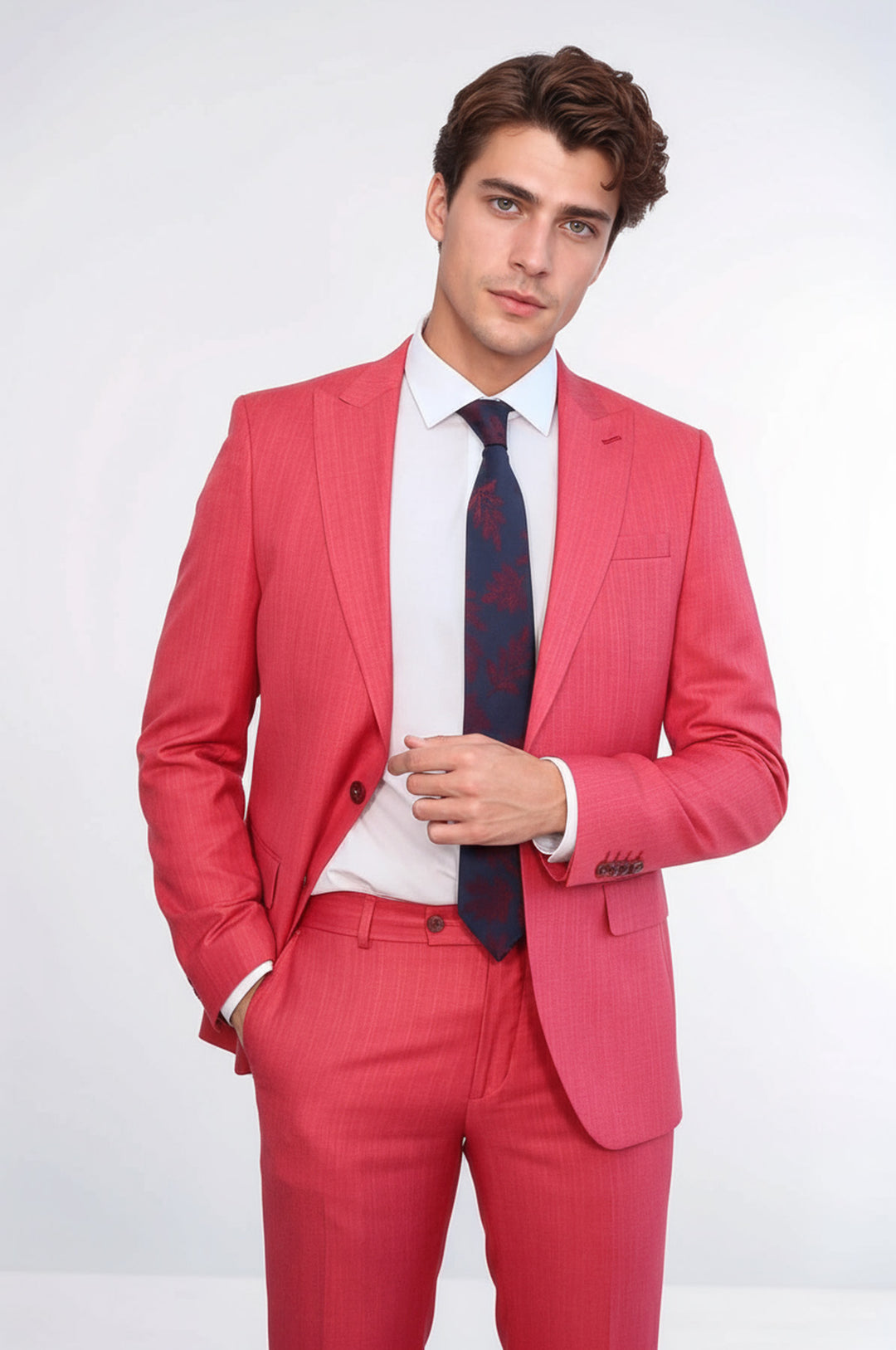 Traje de dos piezas entallado de un solo botón en color rojo coral para hombre - Wessi