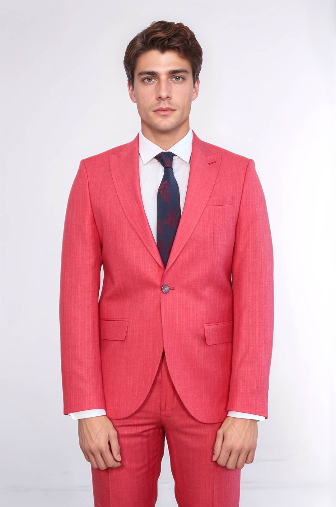 Traje de dos piezas entallado de un solo botón en color rojo coral para hombre - Wessi