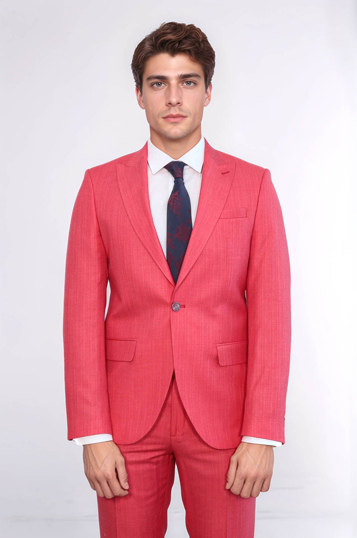 Traje de dos piezas entallado de un solo botón en color rojo coral para hombre - Wessi