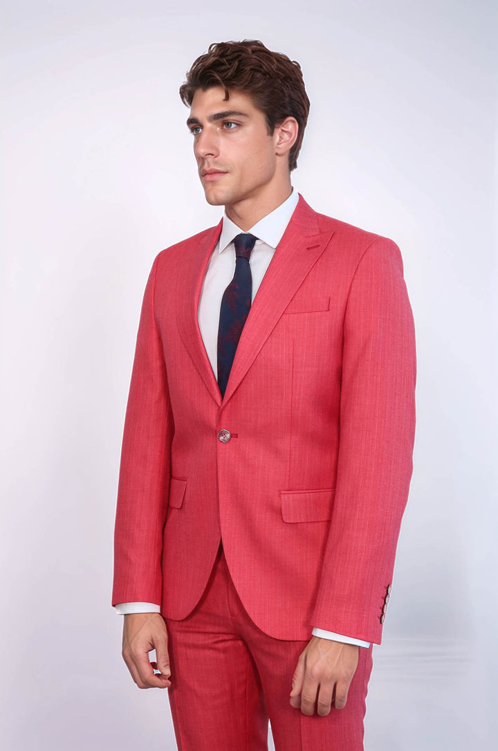 Traje de dos piezas entallado de un solo botón en color rojo coral para hombre - Wessi