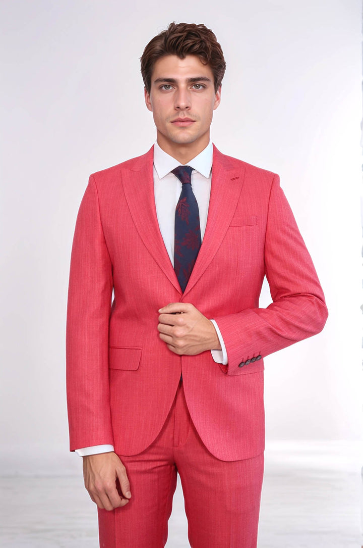 Traje de dos piezas entallado de un solo botón en color rojo coral para hombre - Wessi