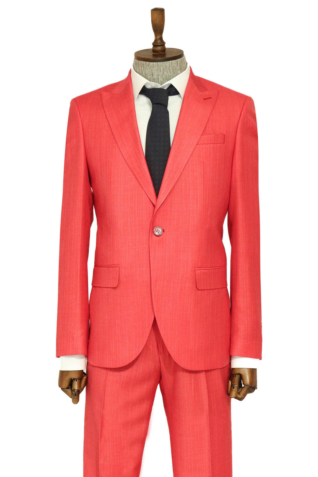 Two Piece Slim Fit Single Button Coral Red Men Suit - Wessi