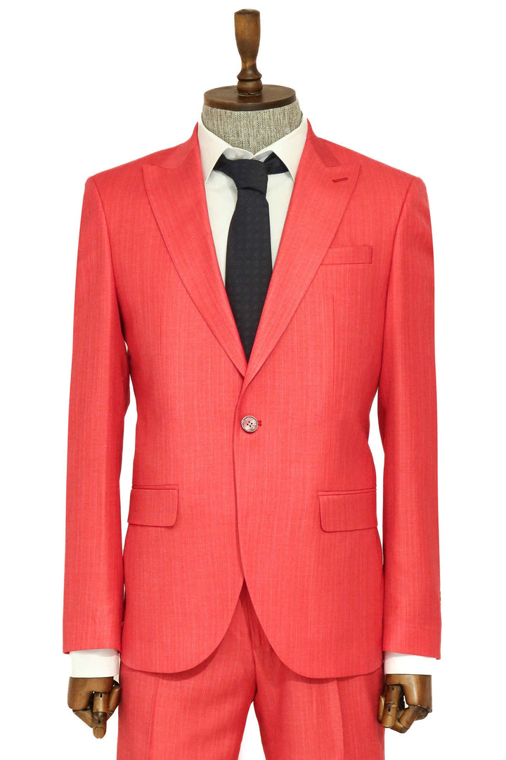 Two Piece Slim Fit Single Button Coral Red Men Suit - Wessi