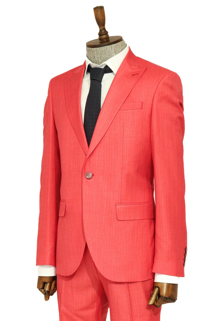 Traje de dos piezas entallado de un solo botón en color rojo coral para hombre - Wessi