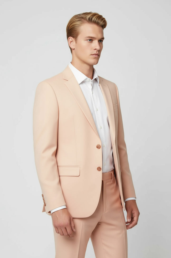 Two Piece Slim Fit Single Button Peach Colour Men Suit - Wessi