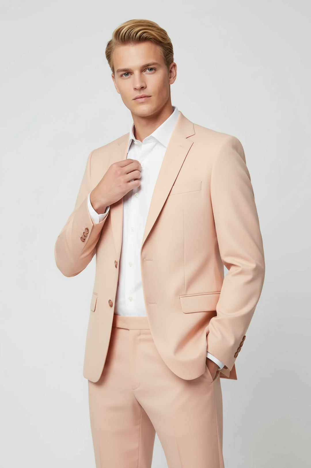 Two Piece Slim Fit Single Button Peach Colour Men Suit - Wessi