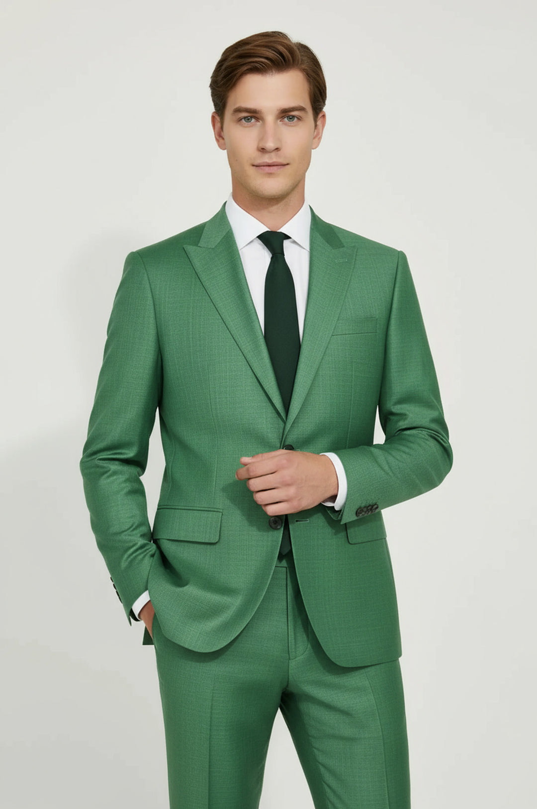 Two Piece Slim Fit Single Button Green Men Suit - Wessi