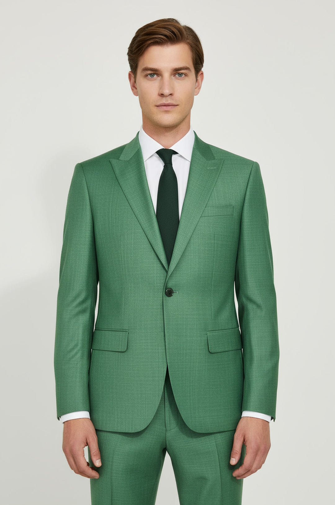 Two Piece Slim Fit Single Button Green Men Suit - Wessi