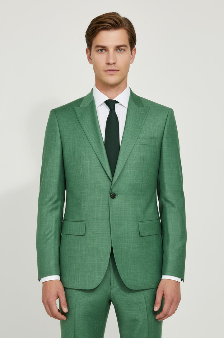 Two Piece Slim Fit Single Button Green Men Suit - Wessi