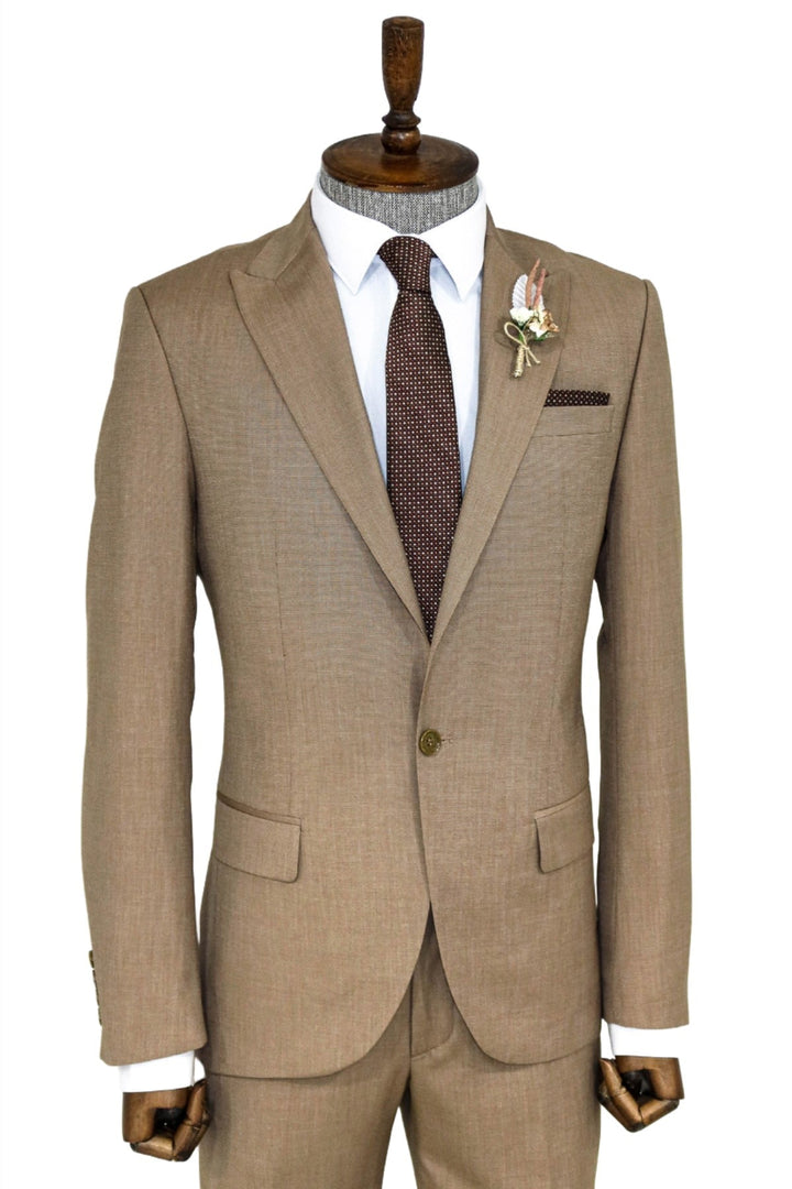 2 Piece Patterned Slim Fit Dark Beige Men Suit - Wessi