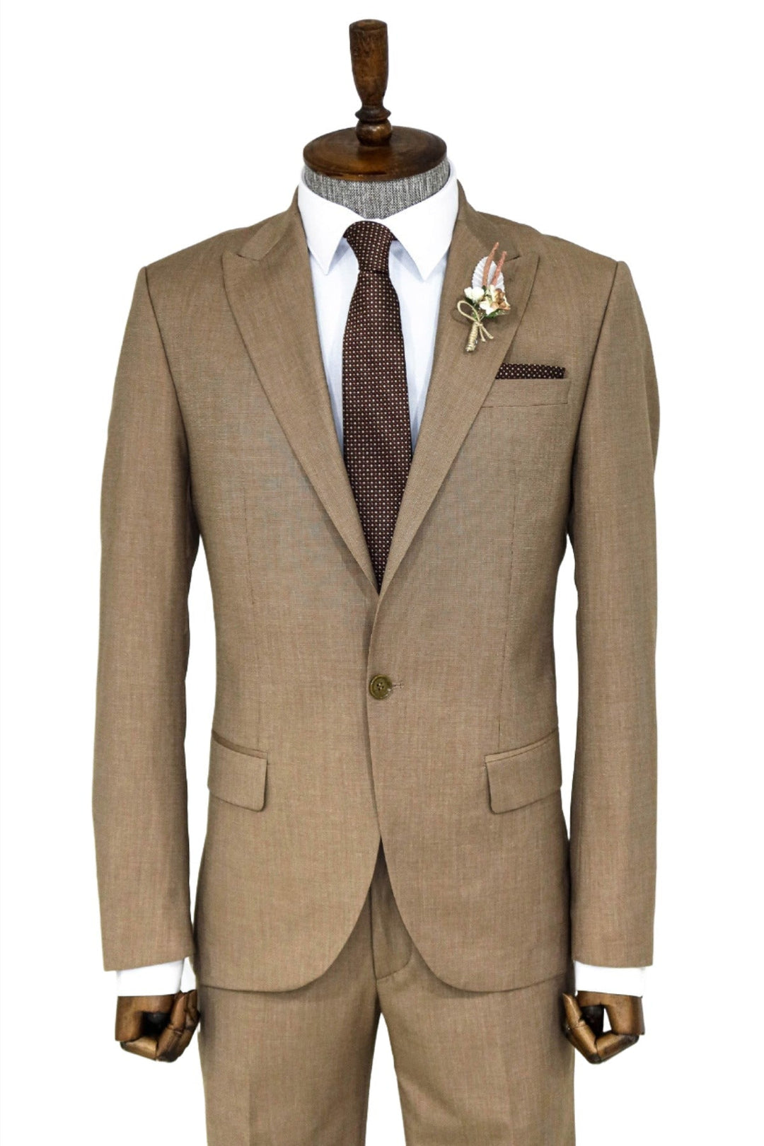 2 Piece Patterned Slim Fit Dark Beige Men Suit - Wessi