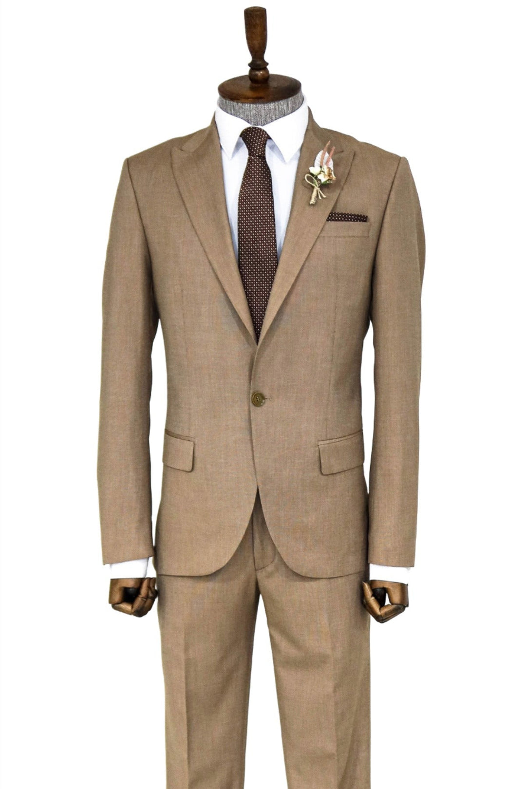 2 Piece Patterned Slim Fit Dark Beige Men Suit - Wessi