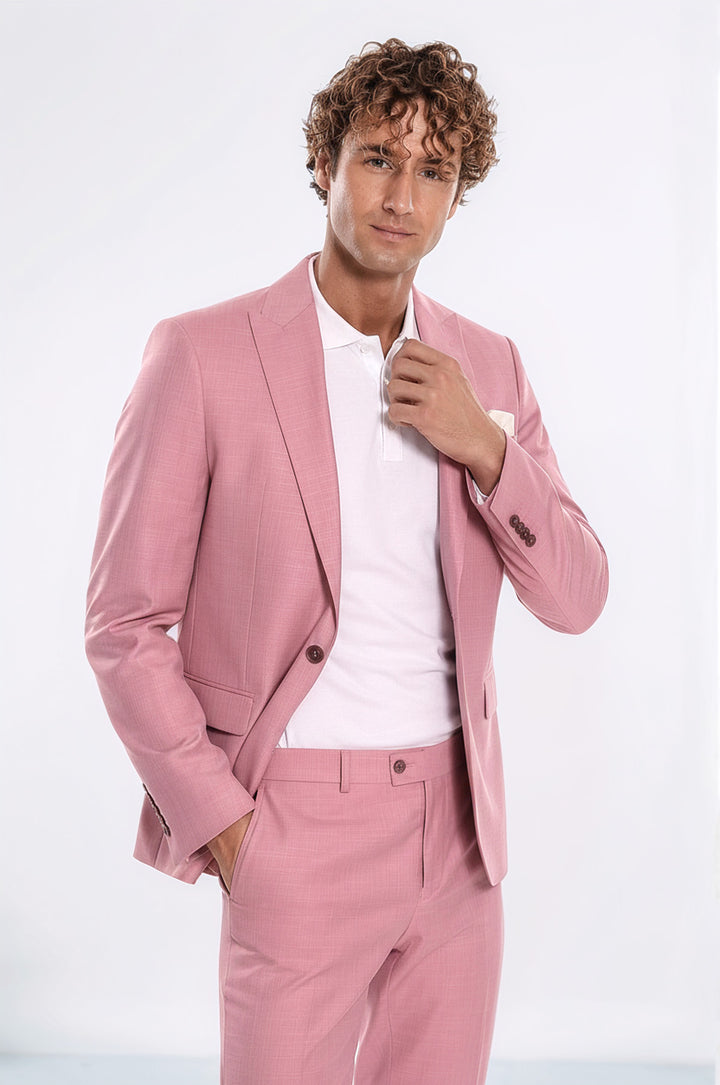 Desenli 2 Parça Slim Fit Pembe Erkek Takım Elbise - Wessi