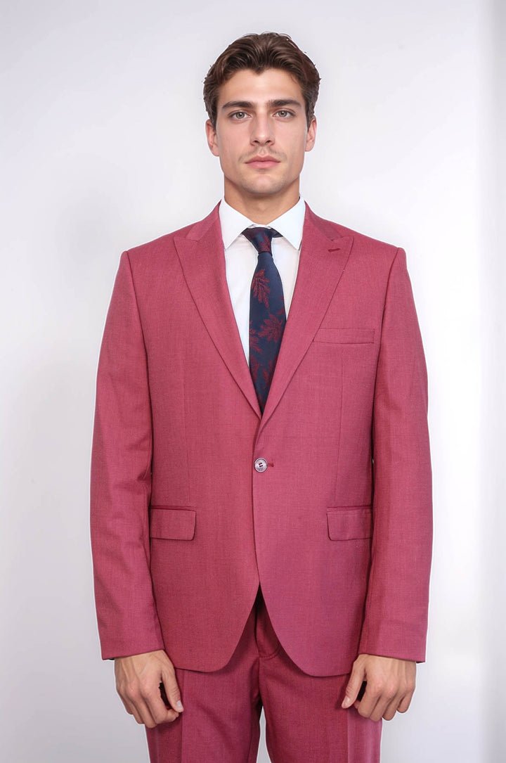 2 Parça Desenli Slim Fit Magenta Erkek Takım Elbise - Wessi
