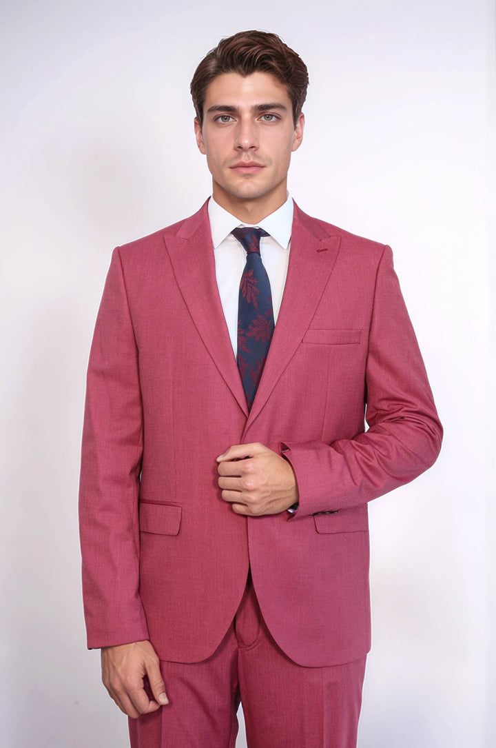 2 Parça Desenli Slim Fit Magenta Erkek Takım Elbise - Wessi